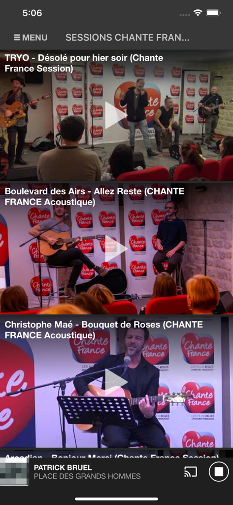 Interface of the Chante France app showing a list of live acoustic music sessions by French artists.