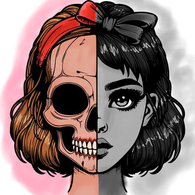 realistic girl with half skull mask
