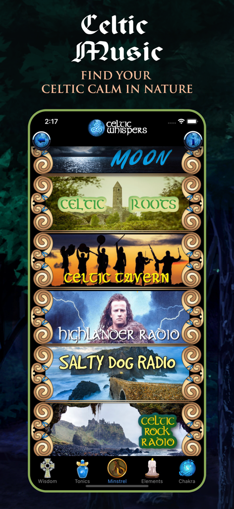 Una interfaz de aplicación móvil para estaciones de radio de música celta con categorías temáticas como Raíces Celtas y Radio Highlander.