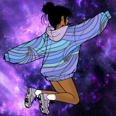 realistic girl jumping with a bun and oversized sweatshirt