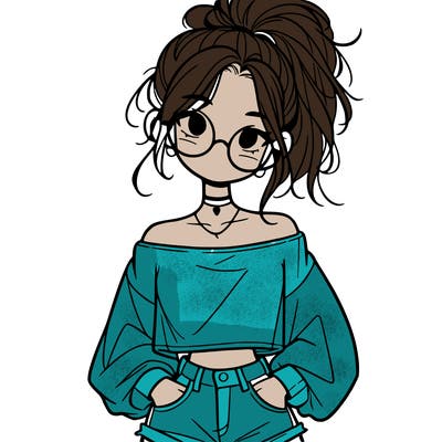 girl with a messy ponytail glasses a baggy crop top and jean shorts