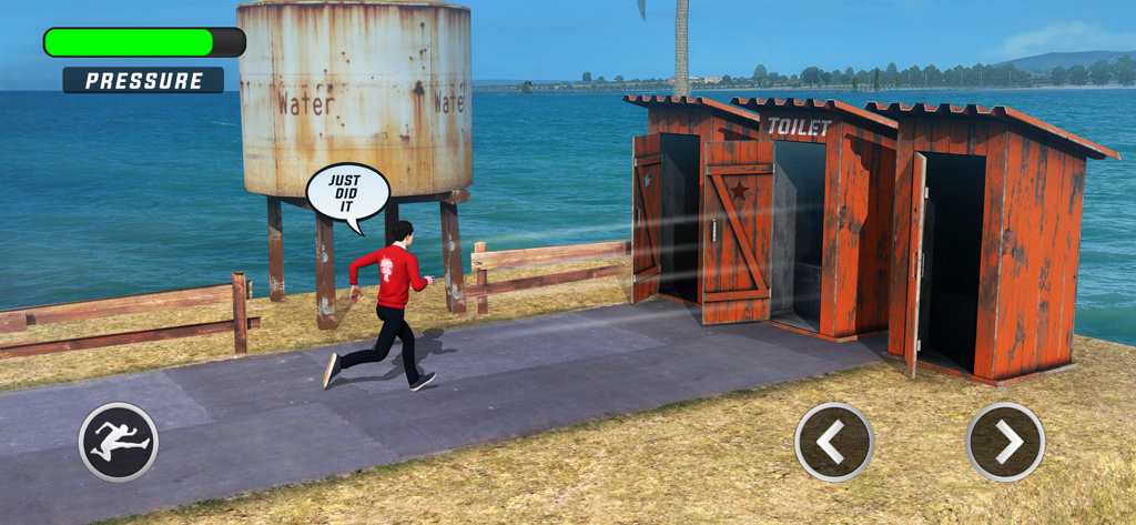 Toilet Rush 3D:Run To Bathroom - 画面にプレッシャーメーターが表示された屋外トイレに向かって走る赤いシャツのキャラクター。