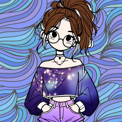 girl with a messy ponytail glasses a baggy crop top and jean shorts