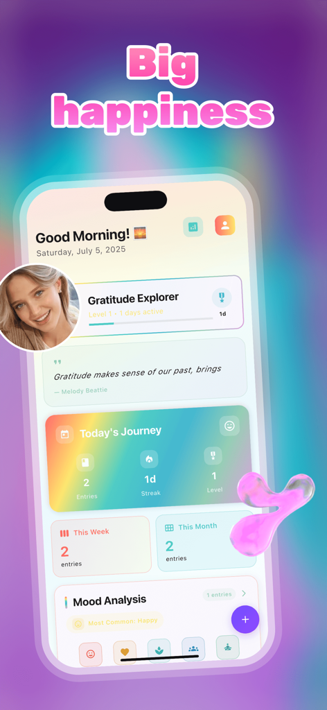 JoyLog app main dashboard showing gratitude progress and mood analysis