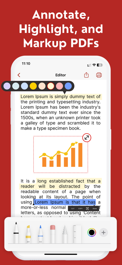 PDF Editor: Fill Edit,Sign PDF - Interfaz de la aplicación Editor de PDF que muestra herramientas para resaltar texto y marcar documentos.