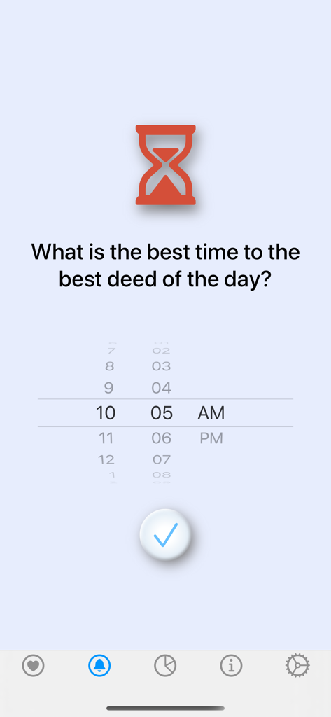 Interface de l'application GoodDeed montrant un sélecteur d'heure pour planifier les actes de gentillesse quotidiens.