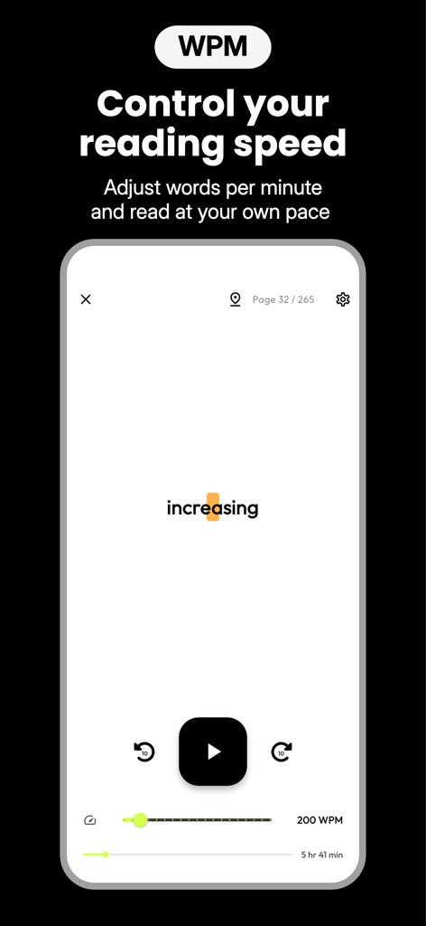 Lexia: Read Faster, Read More - Interface do aplicativo Lexia mostrando configurações de controle de velocidade e leitura palavra por palavra a 200 PPM.