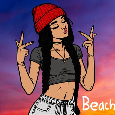 realistic teenage girl with braids and a beanie and crop top doing 🫶🏼