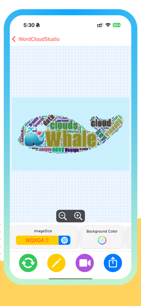WordCloudStudio - WordArt Tool - A whale shaped word cloud design being edited in the WordCloudStudio app on an iPhone