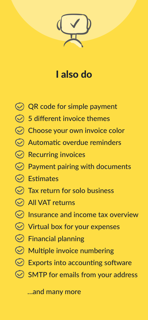 Fakturoid - invoices made easy - A checklist of features for the Fakturoid app including QR code payments, recurring invoices, and tax return tools for solo businesses.