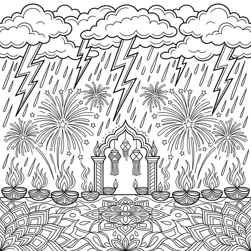 Dive into a truly unique coloring experience where the raw power of a thunderstorm meets the joyous celebration of Diwali. This intricate page blends lightning, rain, fireworks, diyas, and beautiful rangoli patterns for a creative challenge.