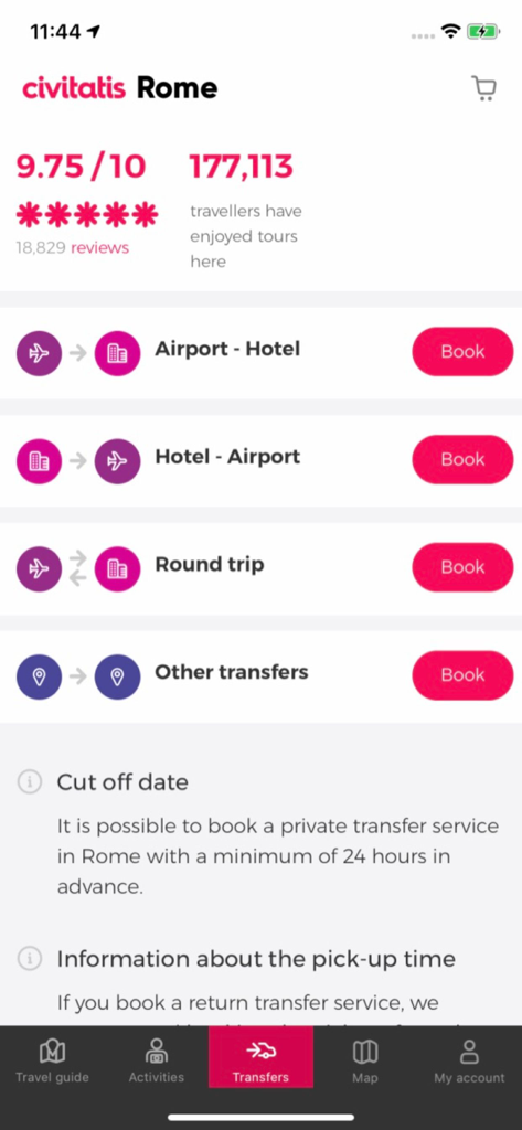 Rome Guide by Civitatis.com - Interfaz de la aplicación Civitatis Roma para reservar traslados al aeropuerto y al hotel