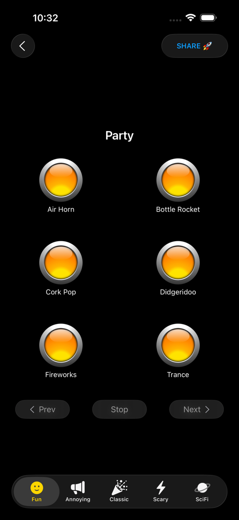 Sound Effects Boards Pro - Interface of the Sound Effects Boards Pro app showing the party category with buttons for air horn and fireworks sounds