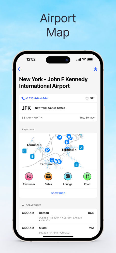 Screenshot of Planes Live app showing the airport map and terminal details for JFK International Airport.