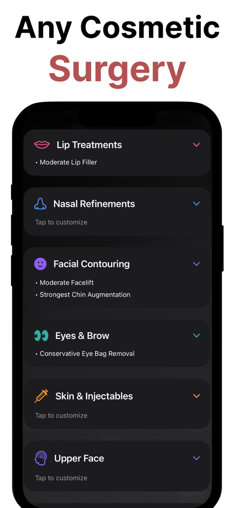 美容整形シミュレーターAIアプリのリップトリートメント、鼻の改善、顔の輪郭形成を含む美容整形カテゴリのメニュー。