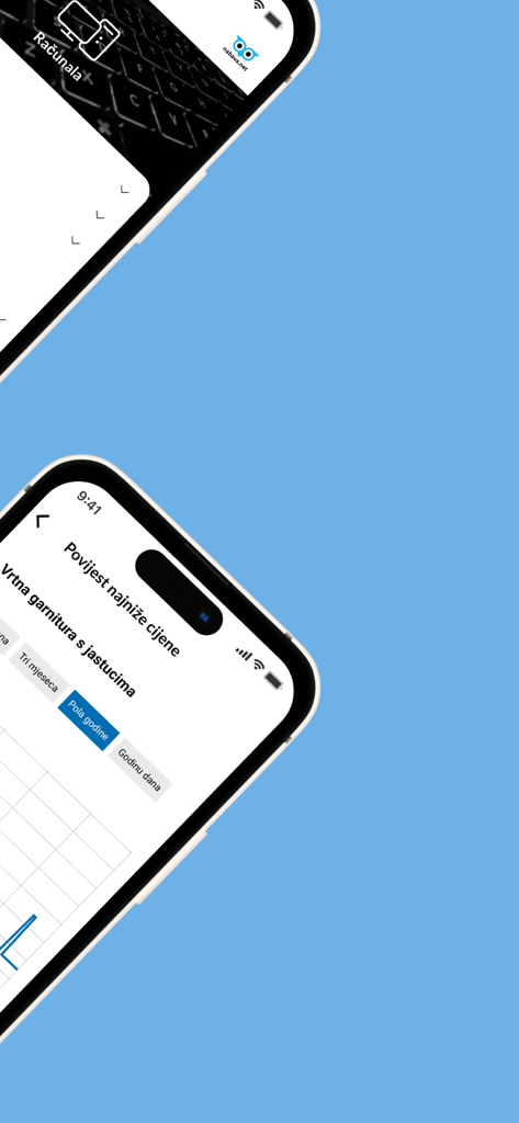Benutzeroberfläche der mobilen App Nabava.net mit Preisverlauf-Diagramm und Produktkategorien auf zwei Smartphones