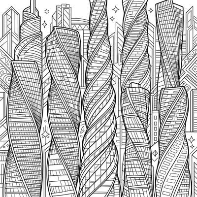 Explore the dazzling world of modern architecture with this intricate twisted skyscrapers coloring page. Perfect for those who love detailed cityscapes and unique building designs, offering hours of creative relaxation.