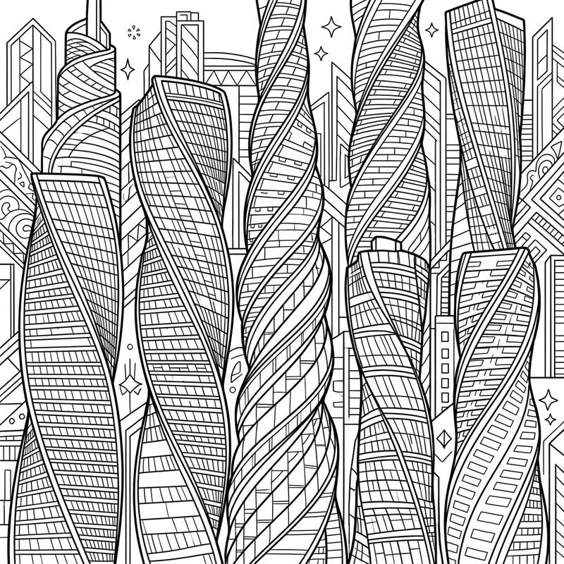 Explore the dazzling world of modern architecture with this intricate twisted skyscrapers coloring page. Perfect for those who love detailed cityscapes and unique building designs, offering hours of creative relaxation.