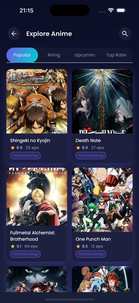 Anime slayer Tv - Pantalla de exploración que muestra títulos populares de anime como Attack on Titan y Death Note