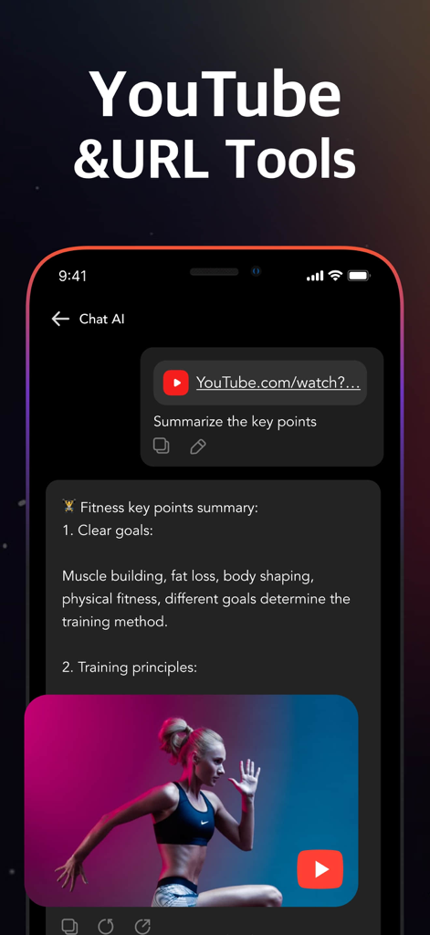 Gamm.AI - AI Chatbot Assistant - Interfaz de chatbot de IA que resume un video de YouTube en puntos clave de fitness