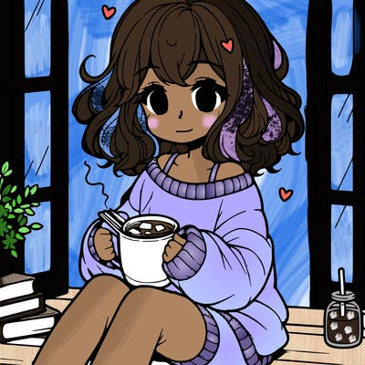 cute anime girl reading book and drinking hot chocolate from mug with loose wavy hair wearing a baggy sweatshirt and shorts sitting by windowsill looking out