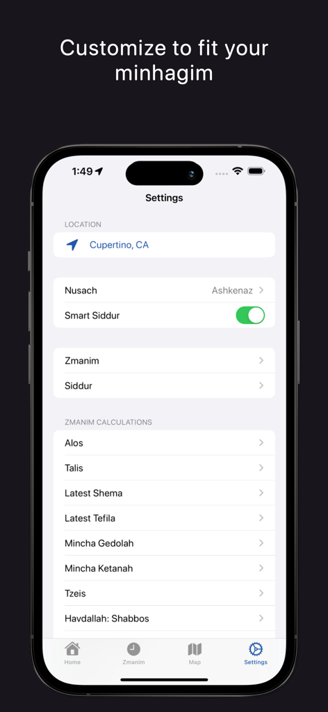 YidKit: Smart Siddur, Zmanim - YidKit app settings screen for customizing religious customs and prayer time calculations.