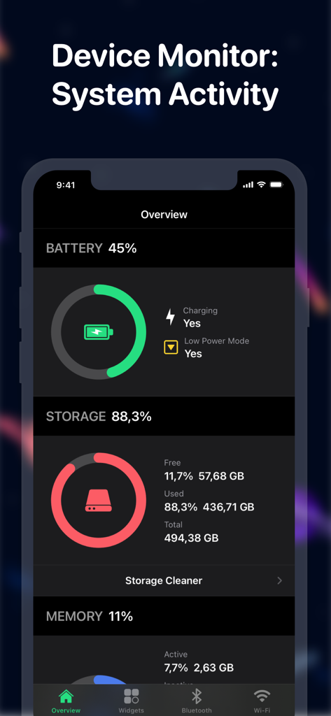 Battery Widget: CPU x Monitor - Captura de pantalla del iPhone mostrando la vista general de la aplicación Battery Widget con el porcentaje de batería y estadísticas de uso de almacenamiento.