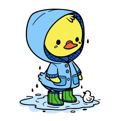 baby duck in a rain coat and boots, in a puddle while it’s raining