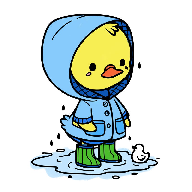 baby duck in a rain coat and boots, in a puddle while it’s raining