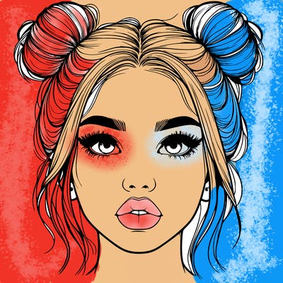realistic girl with two buns on her hair and lips