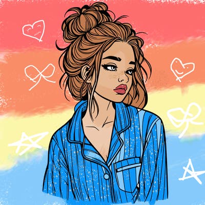 realistic woman with pajamas on and a messy bun