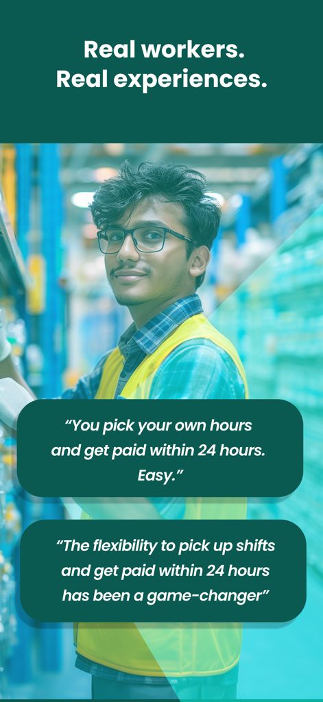 WorkWhile - A warehouse worker with testimonials about picking flexible shifts and getting paid within 24 hours on the WorkWhile app.