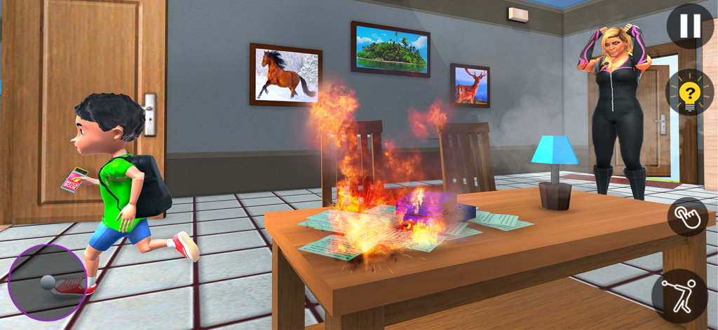 Evil Teacher Scary 3D Stranger - A naughty student character running away after setting papers on fire while the scary teacher watches in shock