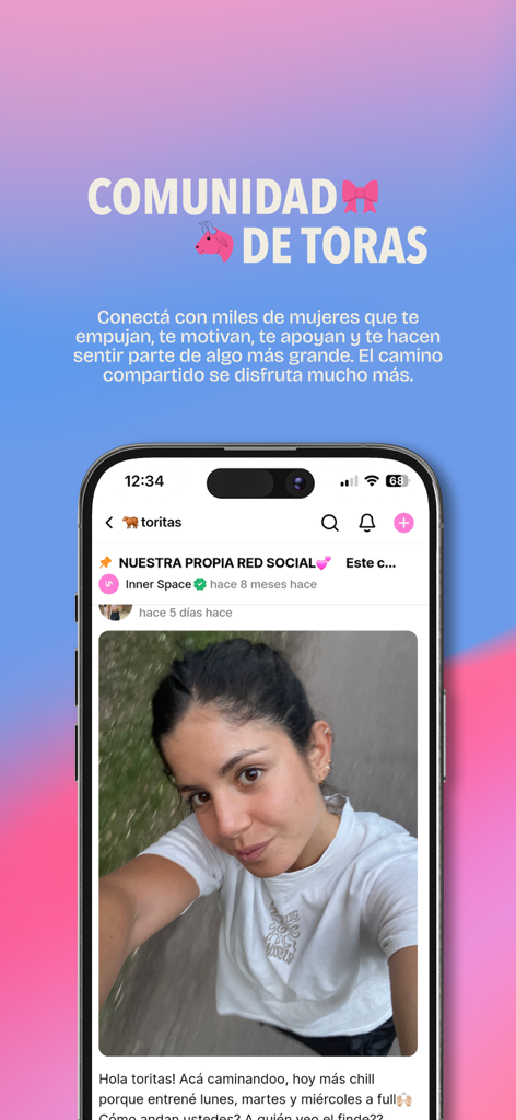 Inner Space - Inner Space app screenshot highlighting the Comunidad de Toras social feed for women.