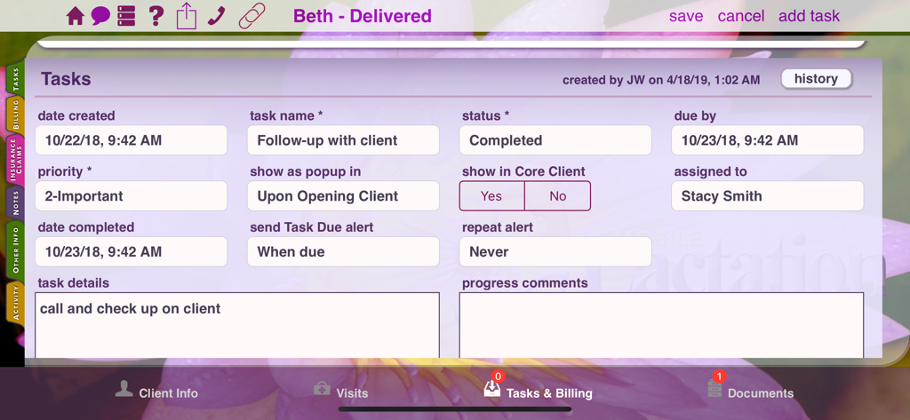 A task management screen in the Mobile Lactation Consultant app showing details for a client follow up task including priority and status