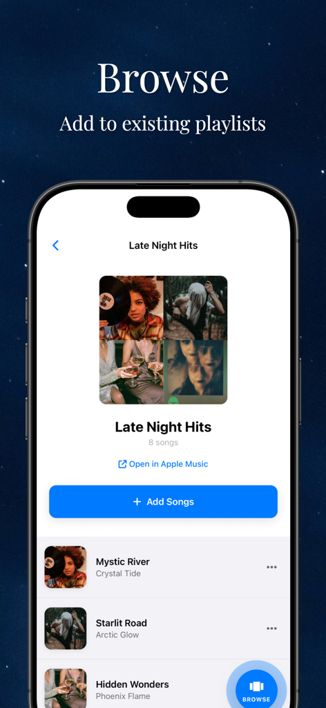 sono AI - Interfaz de la aplicación sono AI mostrando una playlist curada titulada 'Éxitos Nocturnos' con un botón para agregar canciones.