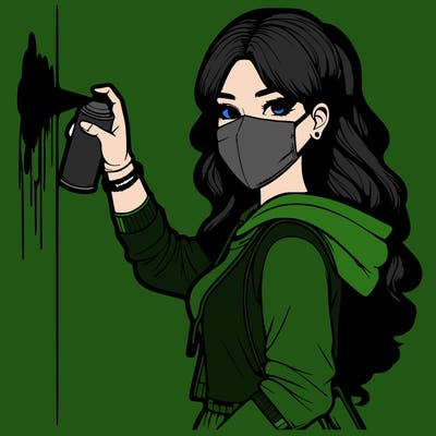 realistic girl with mask spray painting a wall