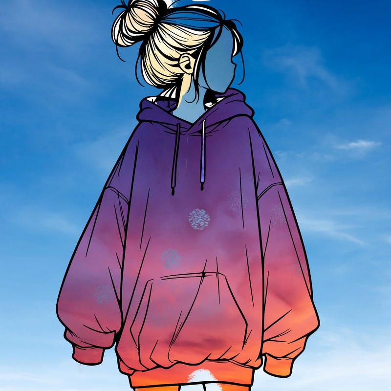 realistic girl with a oversized sweatshirt on and a bun