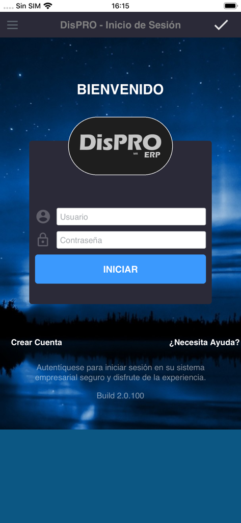 Login screen for the DisPRO ERP business mobile application showing username and password fields.