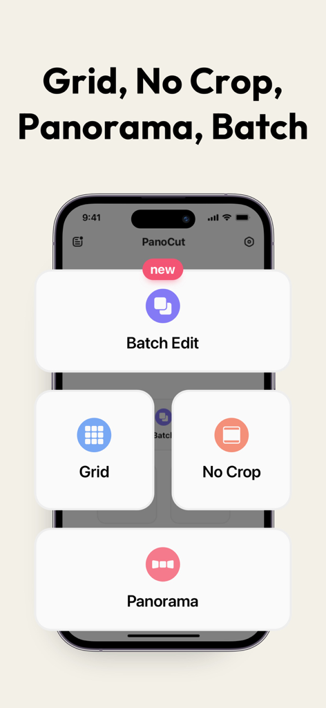 PanoCut: Panorama Scroll Maker - PanoCut mobile app home screen showing Batch Edit, Grid, No Crop, and Panorama features