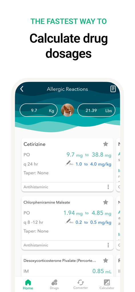 Vet Easy mobile app screen displaying drug dosage calculations for allergic reactions based on pet weight