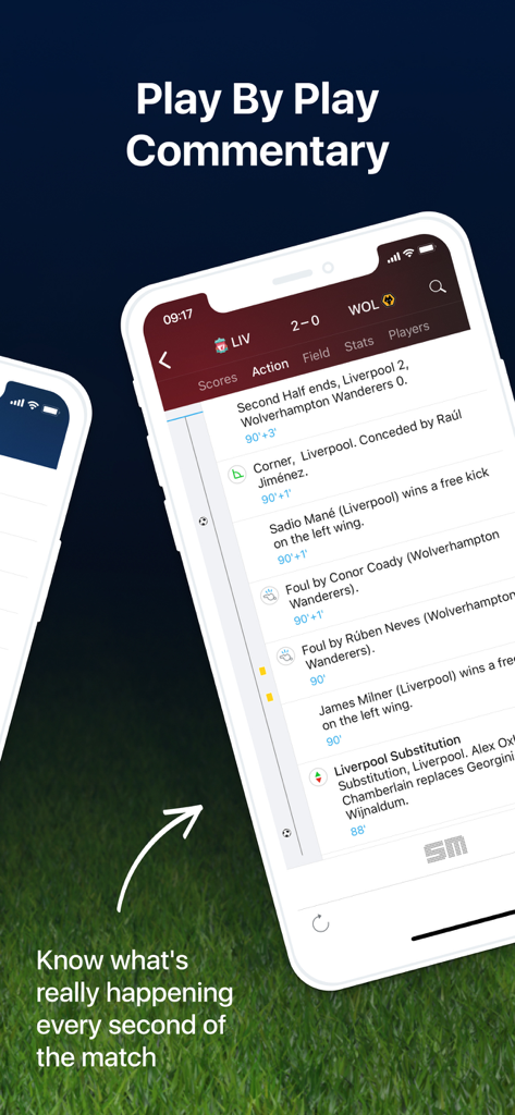 EPL Live: Football Scores - EPL 라이브 축구 점수 앱의 플레이별 경기 해설 화면입니다.