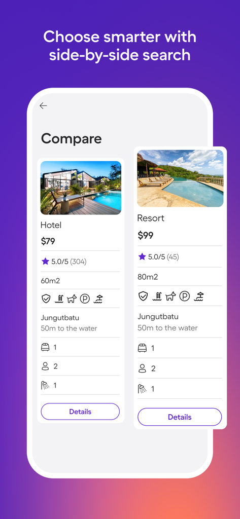 Vacation Rentals - HomeToGo - Side-by-side comparison of vacation rentals in the HomeToGo app.