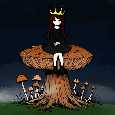 realistic girl sitting on a huge tree stump size toadstool with thorn crown