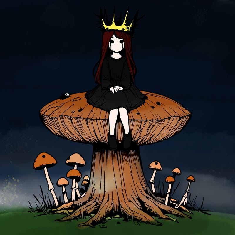 realistic girl sitting on a huge tree stump size toadstool with thorn crown