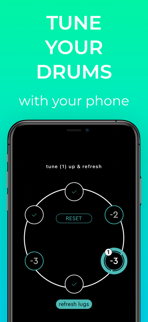 Interface do aplicativo drum tuner EZ em um smartphone mostrando um diagrama circular para afinação de parafusos individuais de bateria.