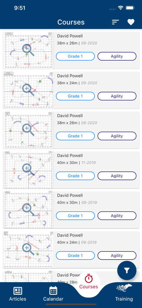 Interface de aplicativo móvel mostrando uma lista de mapas de cursos de agility para cães com detalhes sobre a classificação e as dimensões do campo