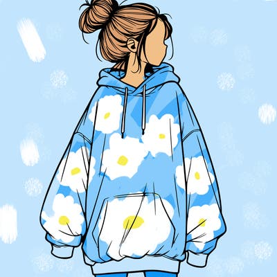 realistic girl with a oversized sweatshirt on and a bun