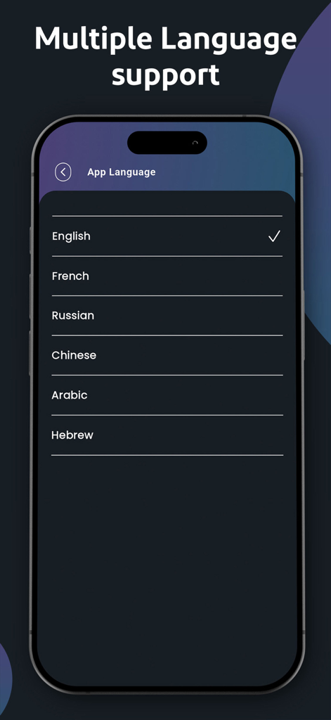 Mobile App-Bildschirm mit mehreren Sprachunterstützungsoptionen für die CryptoKeeper Wallet.