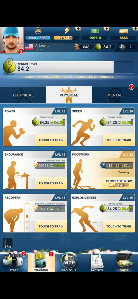 Tennis Manager 2025 - TOP SEED - Physical training screen in Tennis Manager 2025 showing player stats for power speed endurance and footwork